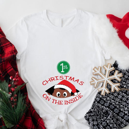 1st Christmas On The Inside T-Shirt, Christmas Afro Baby Announcement Shirt, Santa Pregnant Wife Gift Tee, African Mom To...