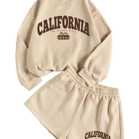 2 Piece Outfits Letter Printed Drop Shoulder Long Sleeve Sweatshirt and Shorts Sets T-Shirts, Hoodie | WearSparks.com