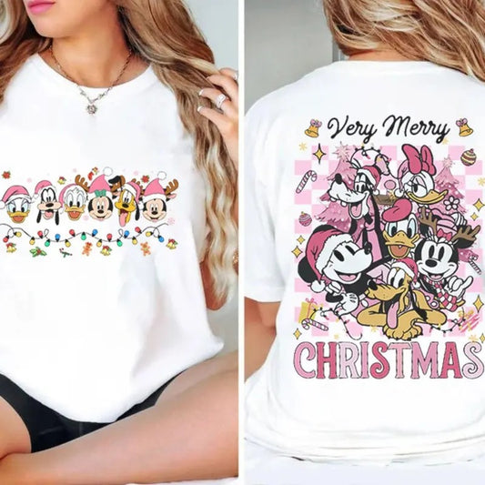 2-Sided Mouse Christmas Pink Lights Sweatshirt Tshirt, Cute Friends Xmas Shirt, Very Merry Christmas Shirt Hoodie