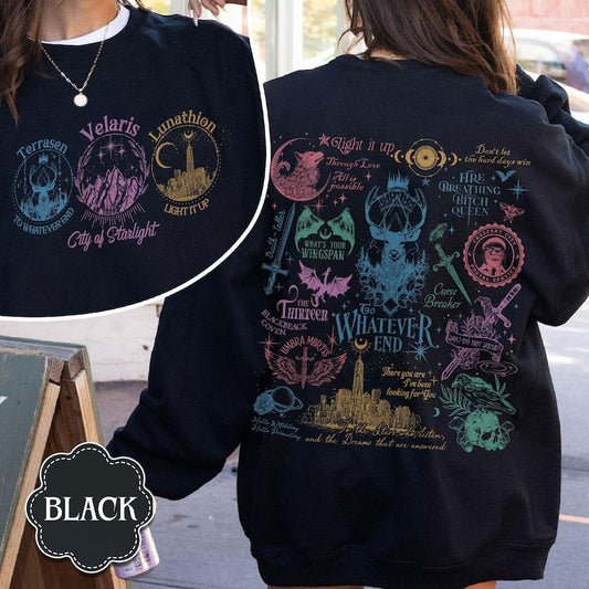 2 Slide Design, Acotar Sweatshirt. Throne of Glass Shirt, Fireheart Terrasen Shirt, to Whatever End Shirt, Manon...