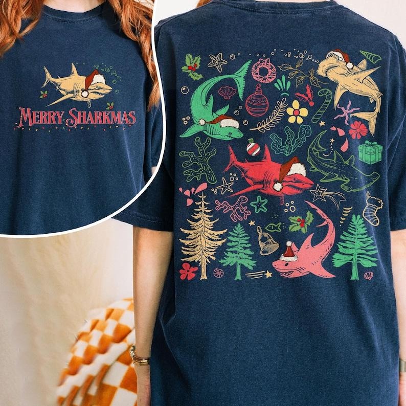 2 Slide Design, Sharks Christmas  Shirt, Christmas Shark Shirt, Shark Lovers Gift,Merry Sharkmas Shirt, Funny Shark...