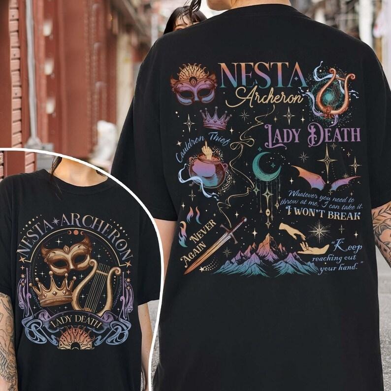 2 Slides, Nesta Archeron Lady Death T-Shirt, Nesta Archeron Merch, Acotar Merch, a Court of Silver Flames Gift, Cauldron...