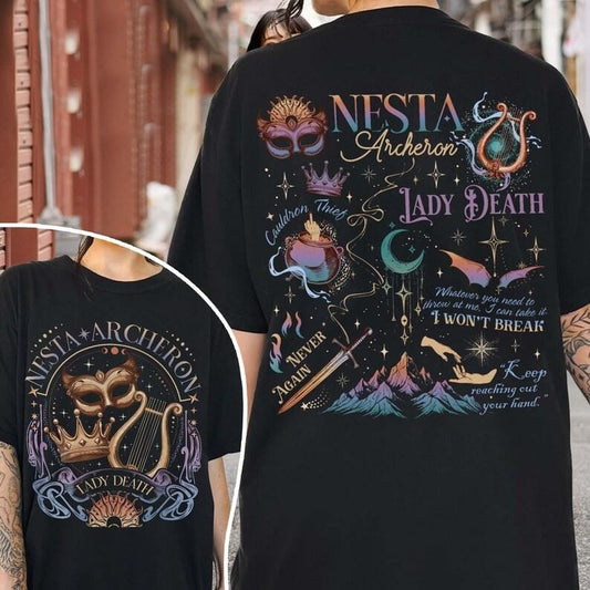 2 Slides, Nesta Archeron Lady Death T-Shirt, Nesta Archeron Merch, Acotar Merch, a Court of Silver Flames Gift, Cauldron...