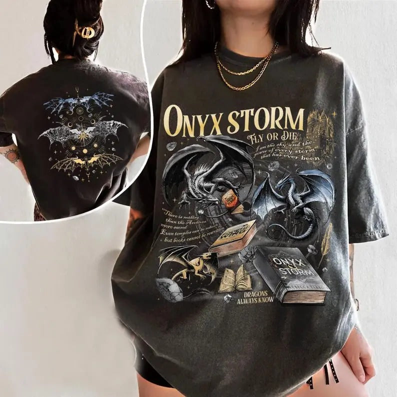 2 Slides, Onyx Storm Brave The Dark T-Shirt | Fourth Wing Series Tee For Fan | Violet Sorrengail Dragon Rider | Gift For...