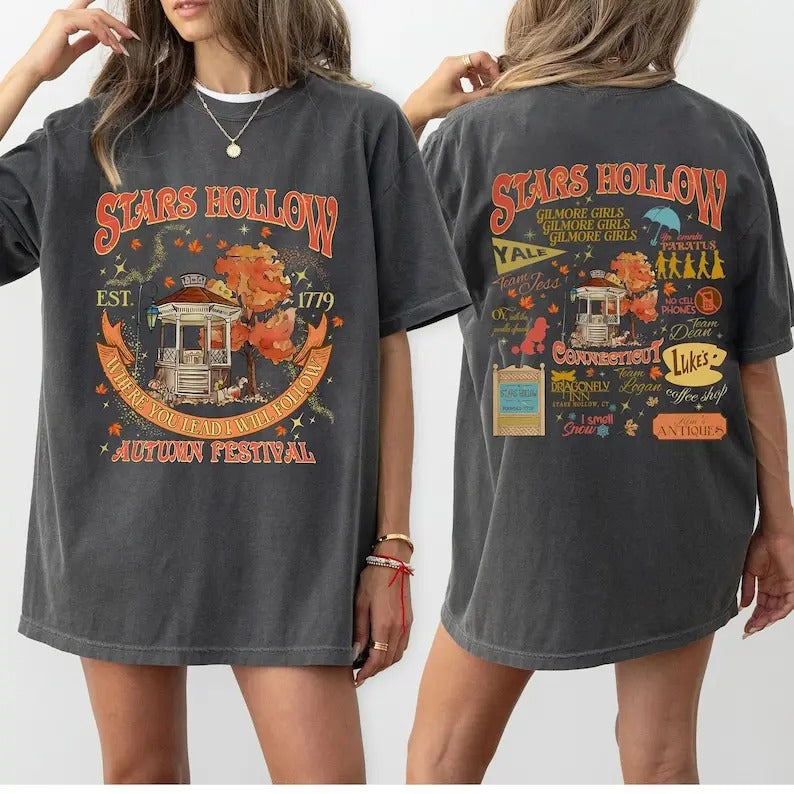 2 Slides, Stars Hollow Fall Shirt ,Annual Autumn Festival Shirt, Vintage Style Stars Hollow Shirt, Luke's Diner Coffee...