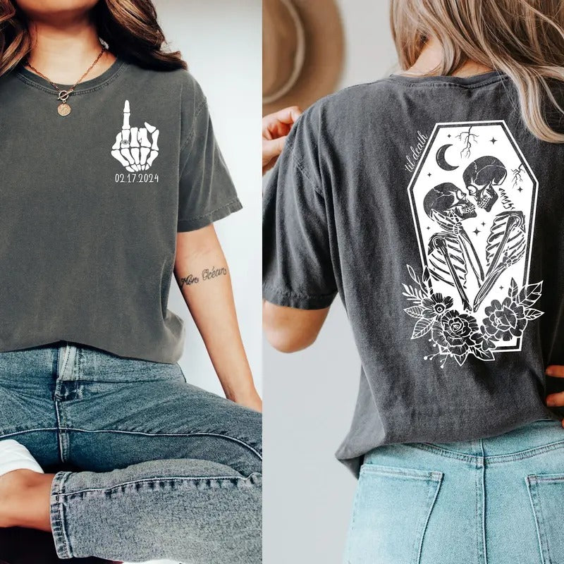 2 slides, Til' Death Bride Shirt, Engaged Gothic Shirt, Engagement Gift, Halloween Wedding, Bridal Party, Honeymoon...