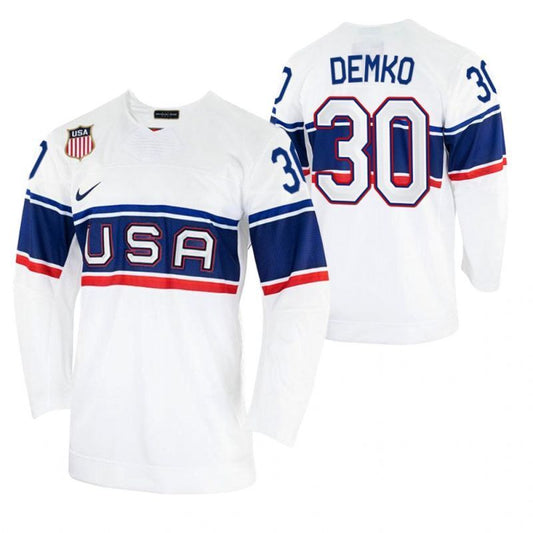 2022 beijing winter olympic #30 thatcher-demko-usa-hockey-men-home-white-jersey