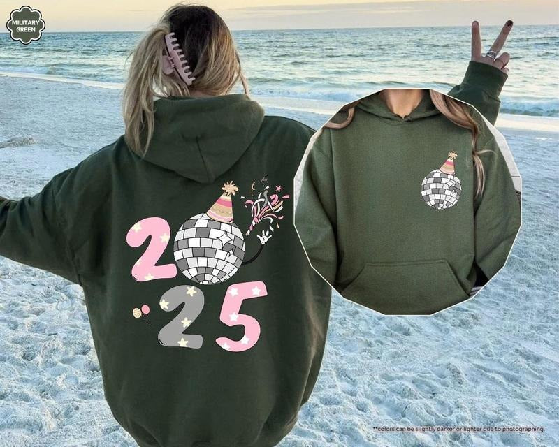 2025 Disco Ball Hoodie, Happy New Year Sweatshirt, Pink Party Sweater for Women - Pullover, Fabric T-Shirts | WearSparks.com