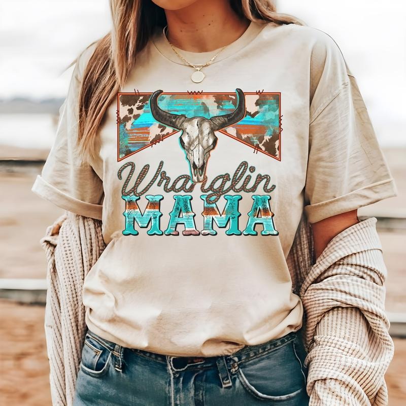 #215 - Wranglin Mama Western Boho Cow Retro -  - Print Unisex Crew neck Tee T-shirt Hoodie, Sweatshirt | WearSparks.com