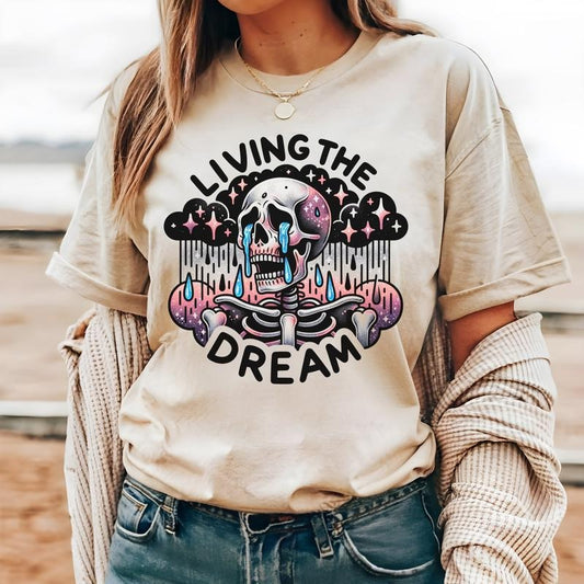#259 - Living the Dream Anxiety Skull Skeleton Shirt - Print Unisex Crew neck Tee T-shirt Hoodie, Sweatshirt | WearSparks.com