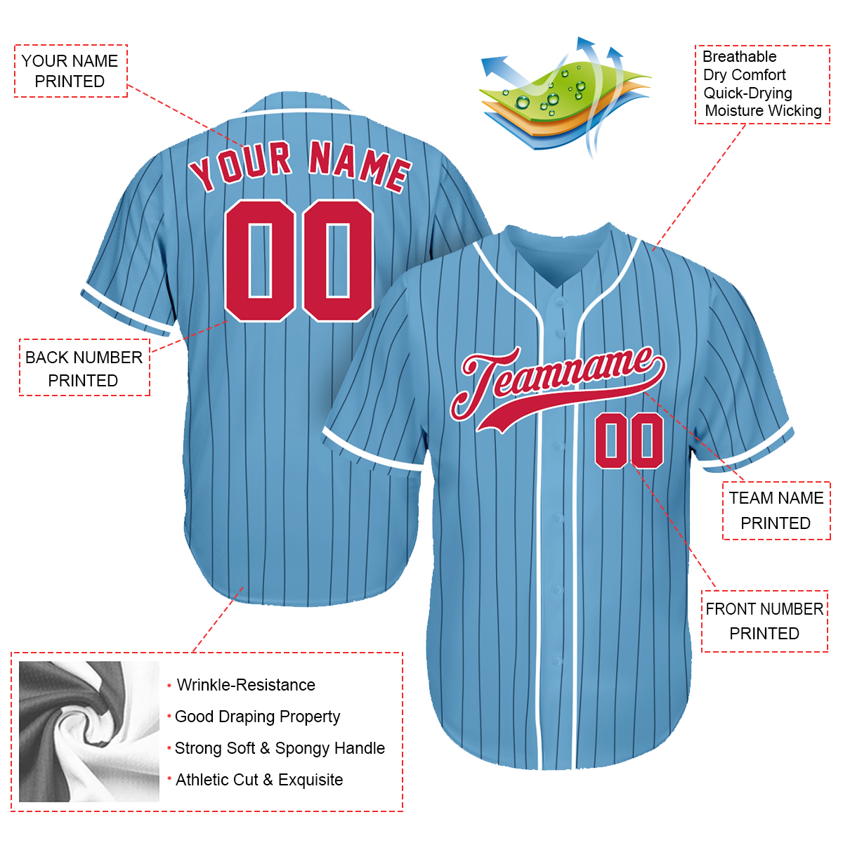 Customized Baseball Jerseys - Baseball Fan Gifts - Pinstripe Light Blue Red - Baseball Fathers Day Gifts