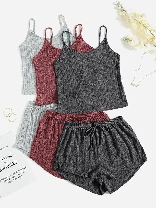 3 Sets Rib Knit Lounge Set Crop Cami Top and Tie Front Shorts Sleepwear Pajama SetY2K T-Shirts, Hoodie, Sweatshirt