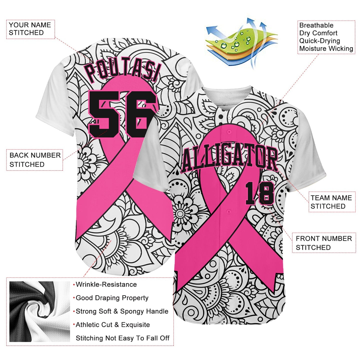 Custom 3D Pink Ribbon Breast Cancer Awareness Month Women Health Care Support Authentic Baseball Jersey... (Image 3)