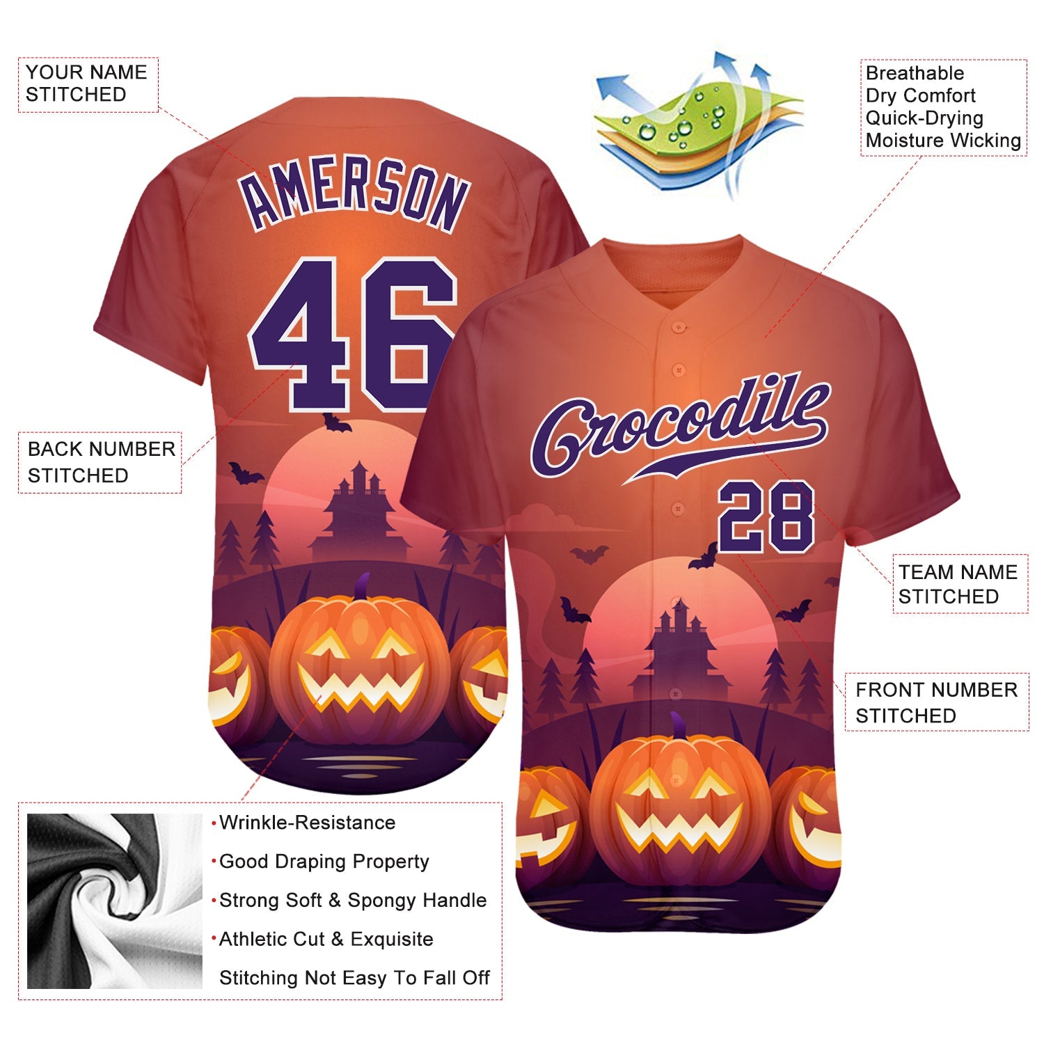 Custom 3D Pattern Halloween Pumpkins Horror Night Authentic Baseball Jersey T-Shirts, Hoodie, Sweatshirt (Image 3)