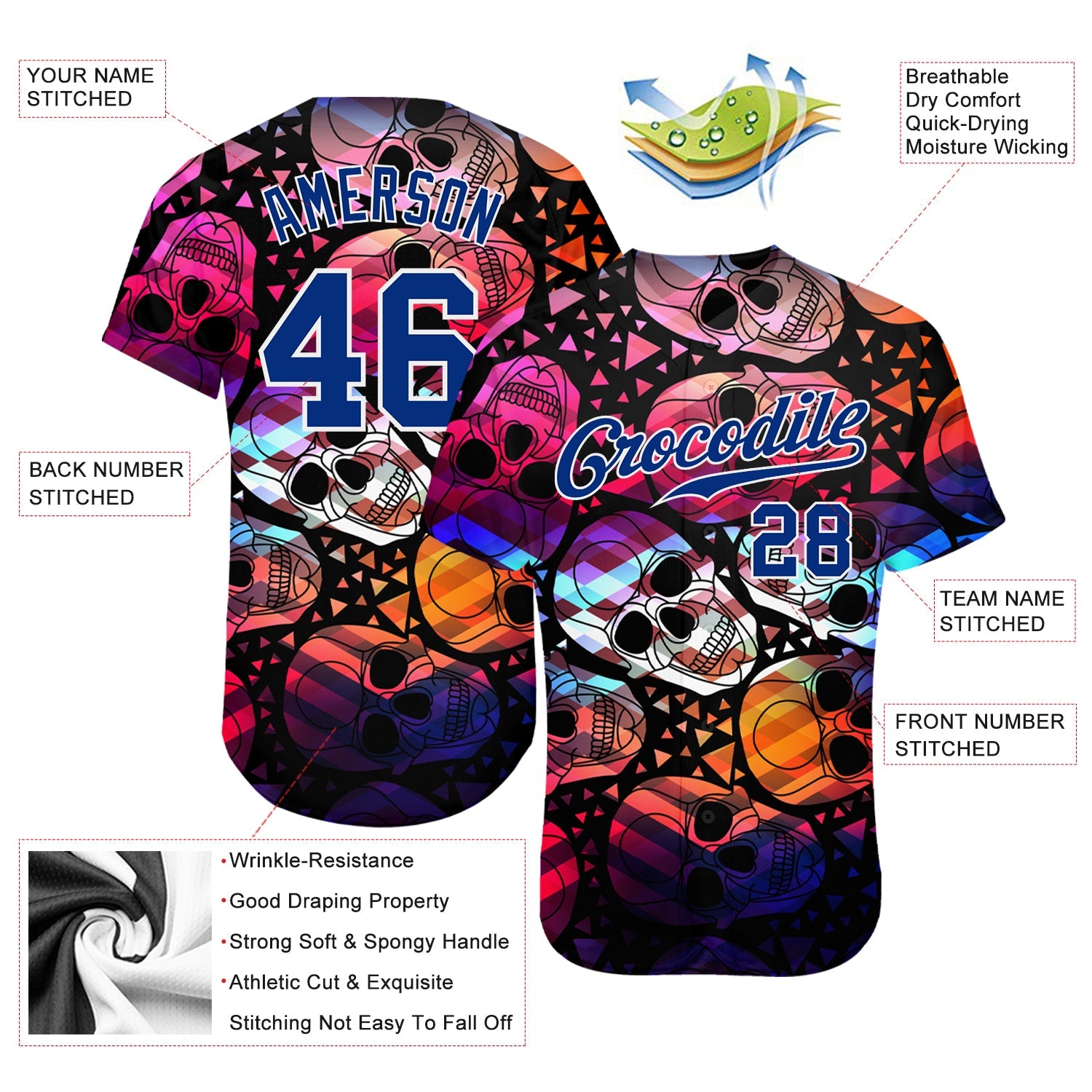 Custom 3D Pattern Halloween Skulls Authentic Baseball Jersey T-Shirts, Hoodie, Sweatshirt | WearSparks.com (Image 3)