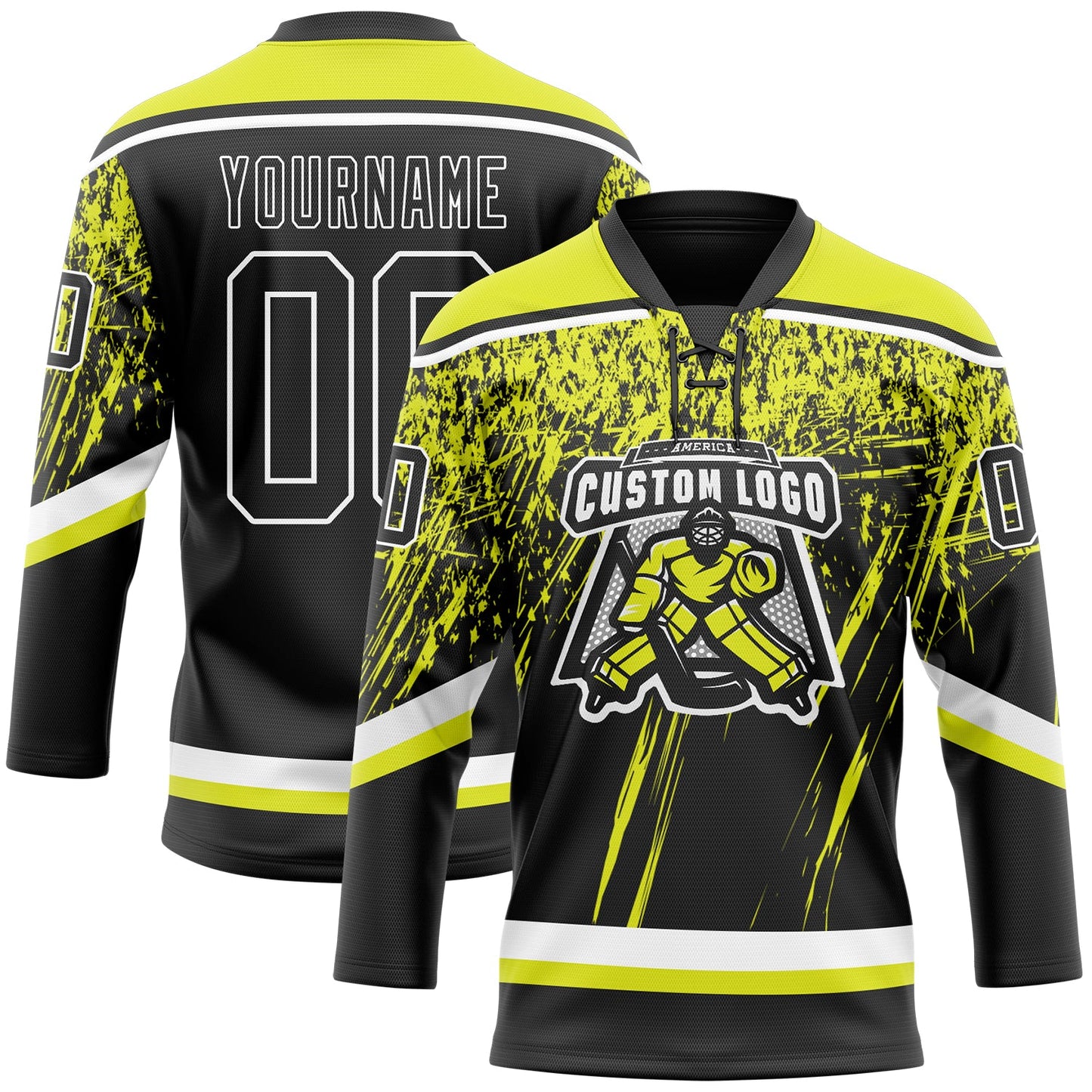 Custom Black Neon Yellow-White 3D Splash Hockey Lace Neck Jersey T-Shirts, Hoodie, Sweatshirt | WearSparks.com (Image 2)