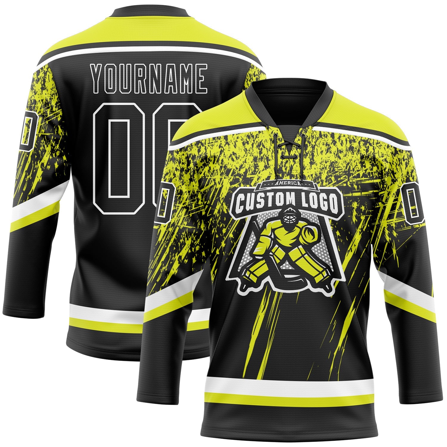 Custom Black Neon Yellow-White 3D Splash Hockey Lace Neck Jersey T-Shirts, Hoodie, Sweatshirt | WearSparks.com (Image 2)