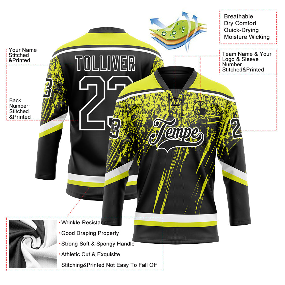Custom Black Neon Yellow-White 3D Splash Hockey Lace Neck Jersey T-Shirts, Hoodie, Sweatshirt | WearSparks.com (Image 3)