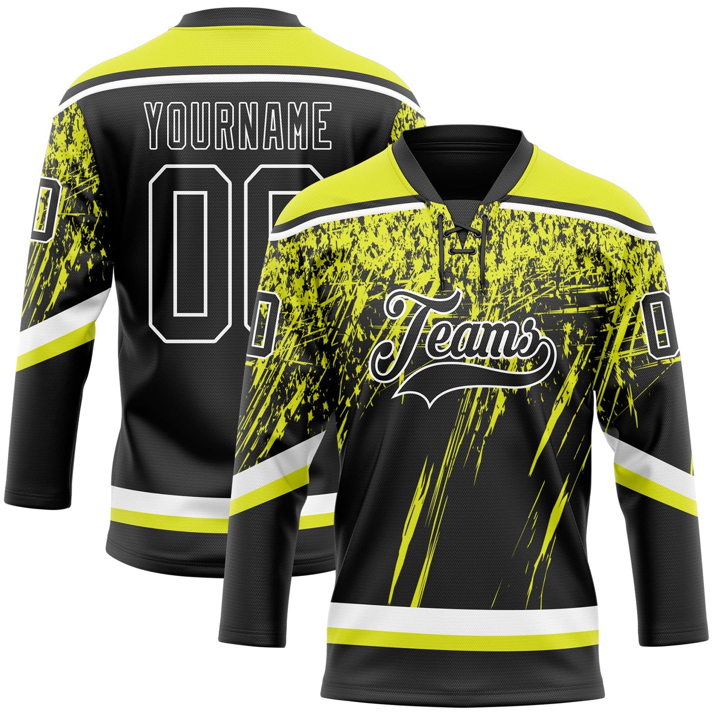 Custom Black Neon Yellow-White 3D Splash Hockey Lace Neck Jersey T-Shirts, Hoodie, Sweatshirt | WearSparks.com (Image 1)