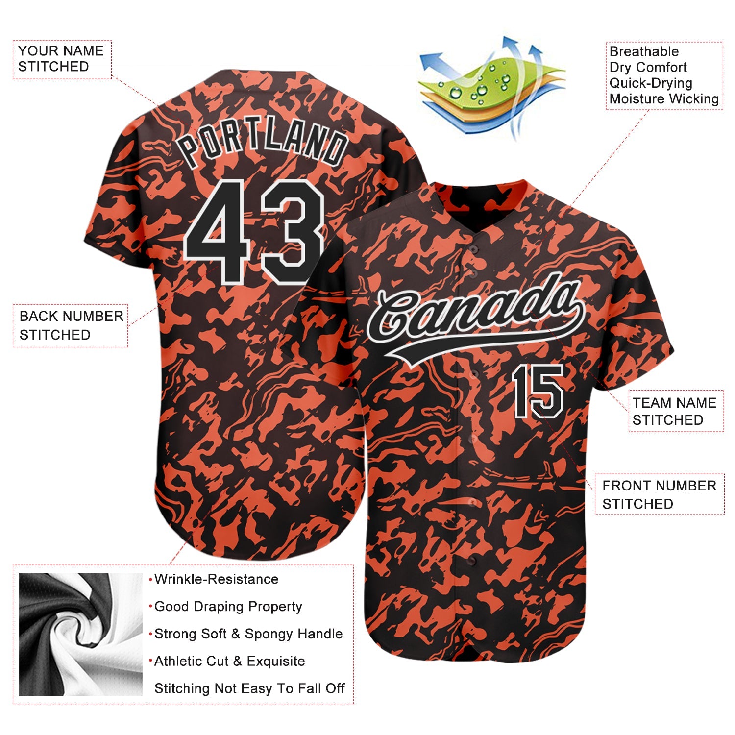 Custom Orange Black-White 3D Pattern Design Authentic Baseball Jersey
