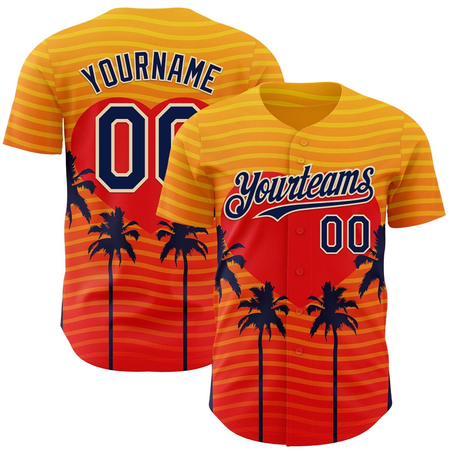 Custom Yellow Navy Orange-Cream Valentine's Day Gradient Coconut Trees Authentic Baseball Jersey