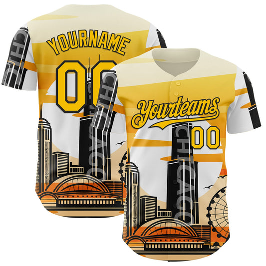 Custom Yellow Black-White Chicago Illinois Cityscape Landmark City Symbol Authentic Baseball Jersey
