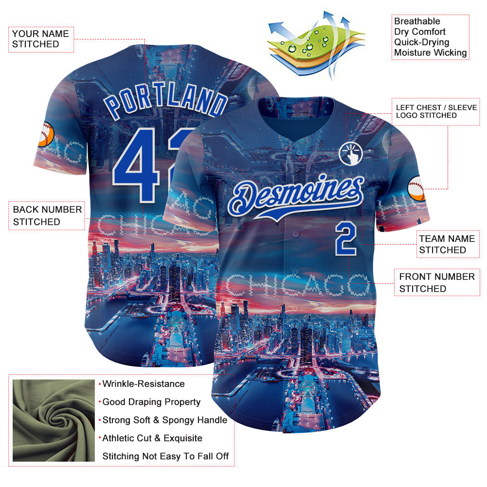 Custom Blue Thunder Blue-White Chicago Illinois Cityscape Skyline City Symbol Authentic Baseball Jersey