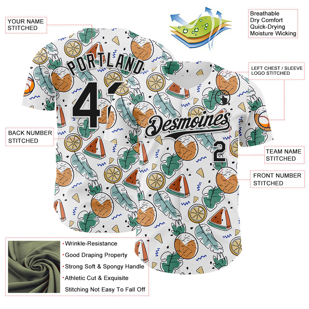 Custom White Black Foodie Summer Fruits Authentic Baseball Jersey