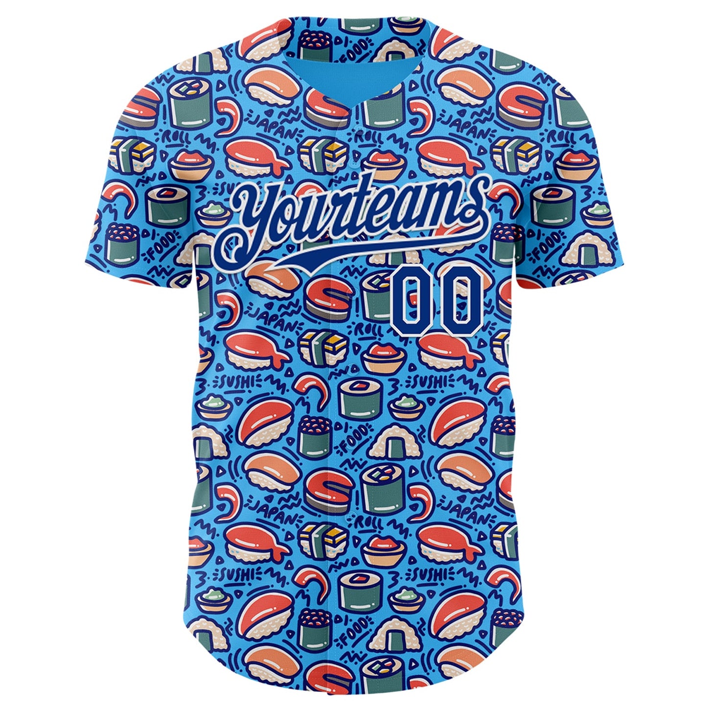 Custom Sky Blue Royal-White Foodie Sushi Doodle Authentic Baseball Jersey