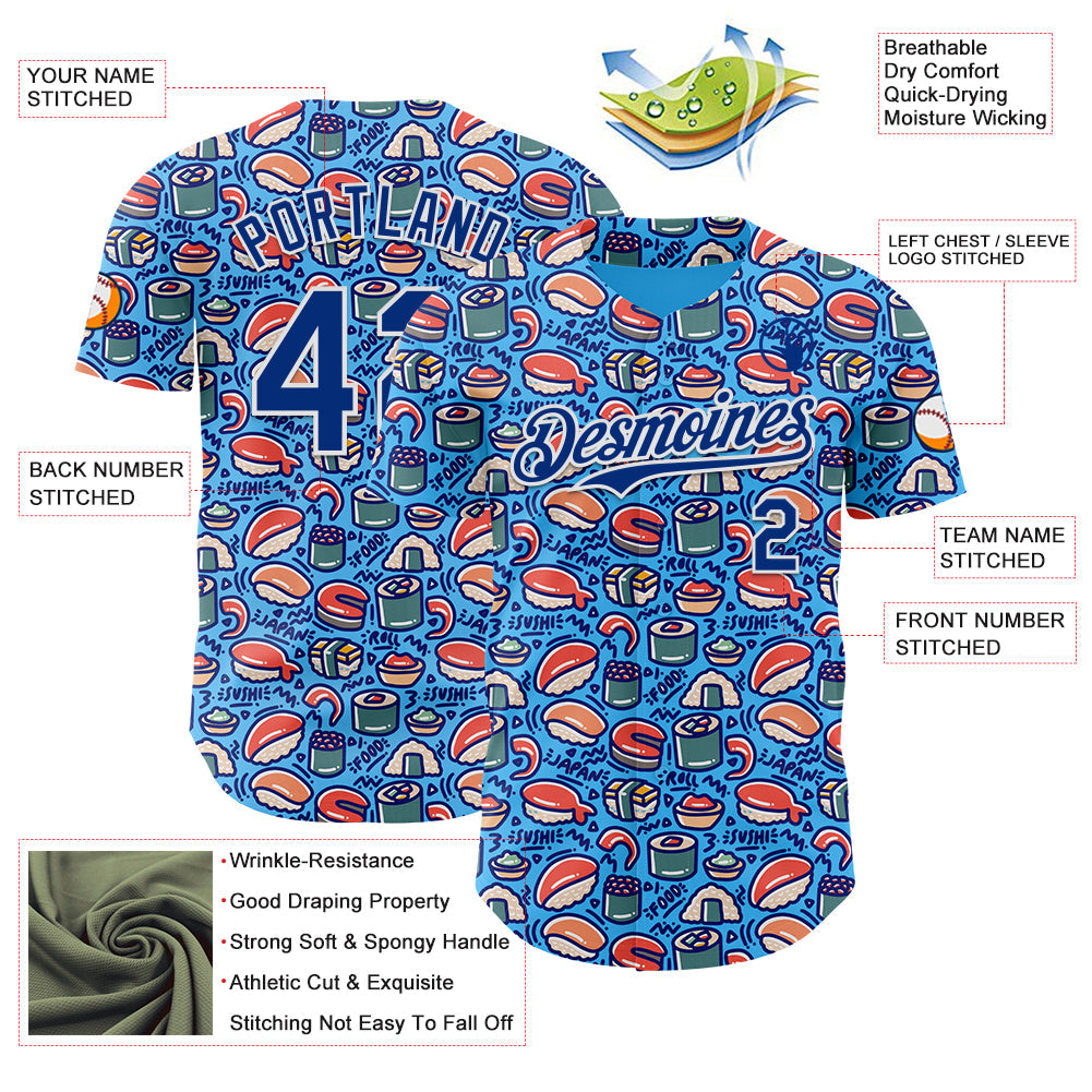 Custom Sky Blue Royal-White Foodie Sushi Doodle Authentic Baseball Jersey