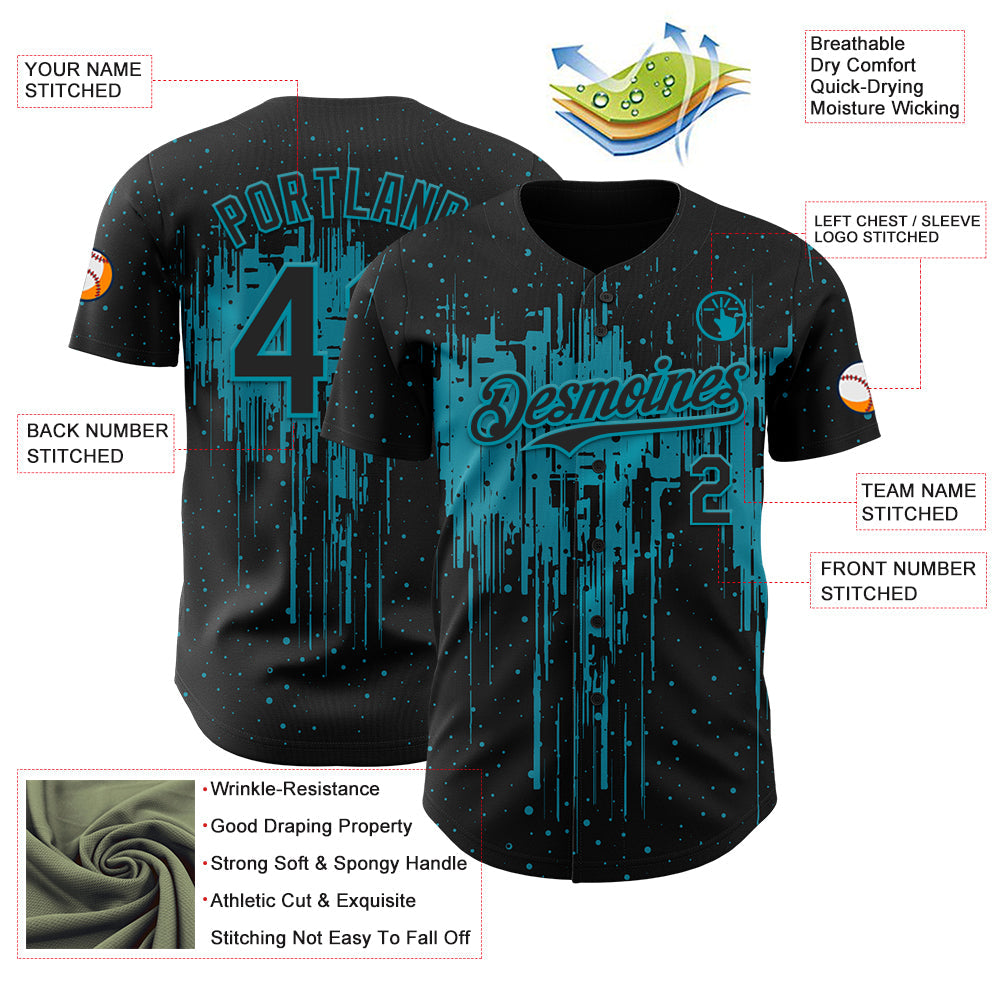 Custom Black Teal Dripping Splatter Paint Authentic Baseball Jersey