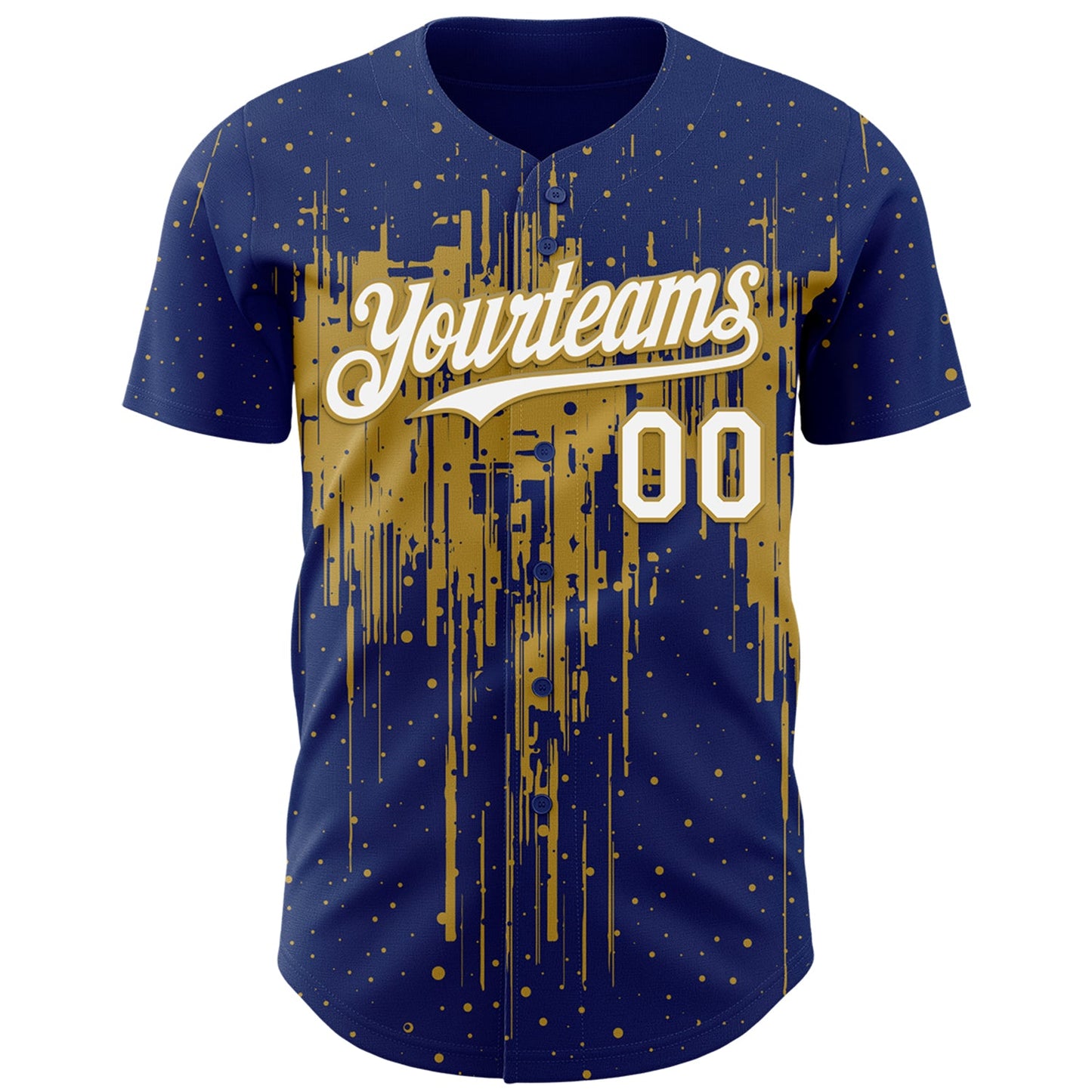 Custom Royal White-Old Gold Dripping Splatter Paint Authentic Baseball Jersey