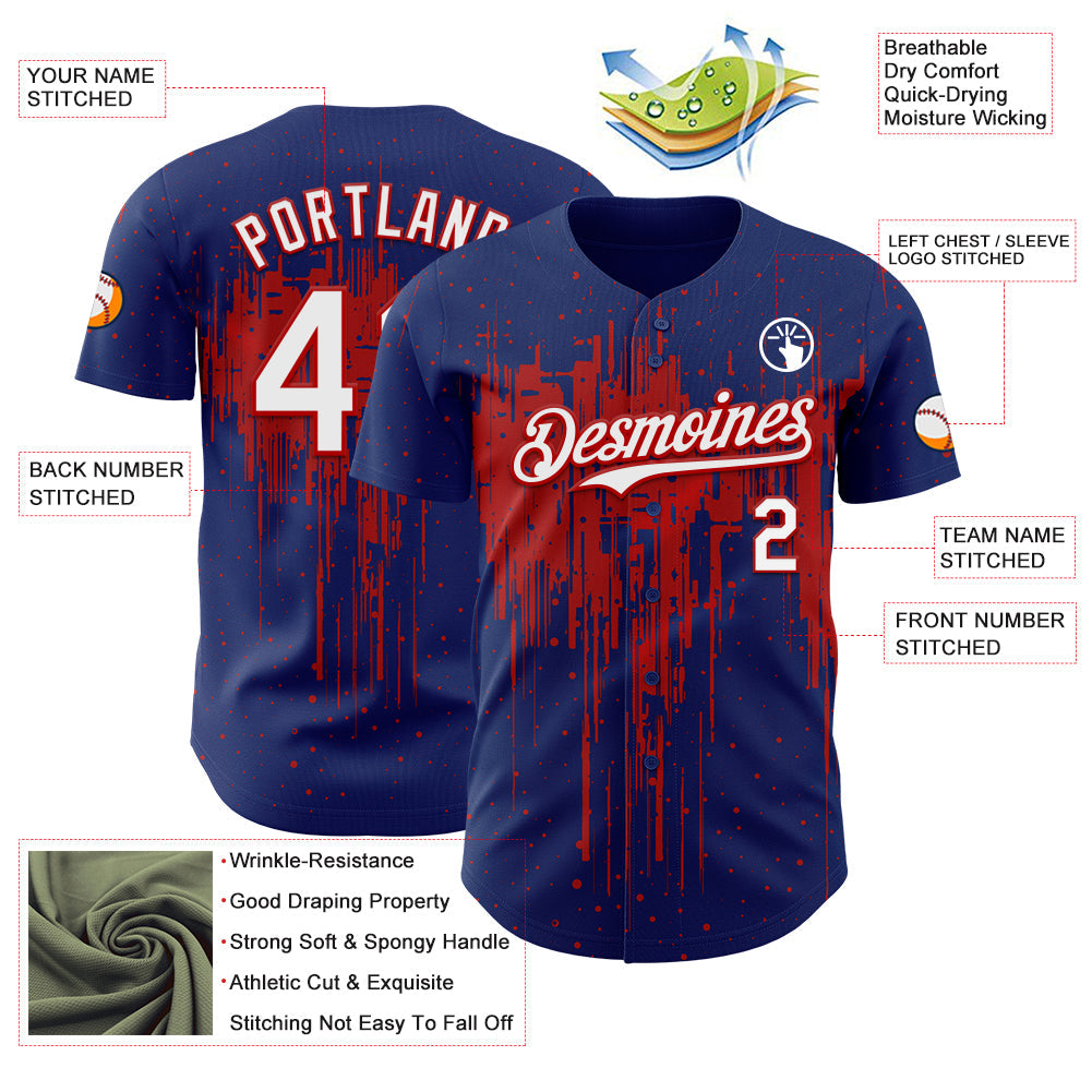 Custom Royal White-Red Dripping Splatter Paint Authentic Baseball Jersey
