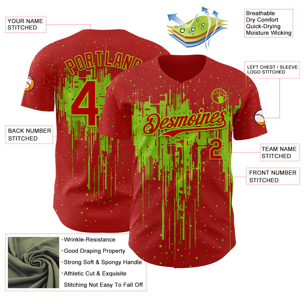 Custom Red Neon Green Dripping Splatter Paint Authentic Baseball Jersey