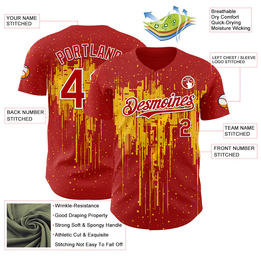 Custom Red White-Yellow Dripping Splatter Paint Authentic Baseball Jersey