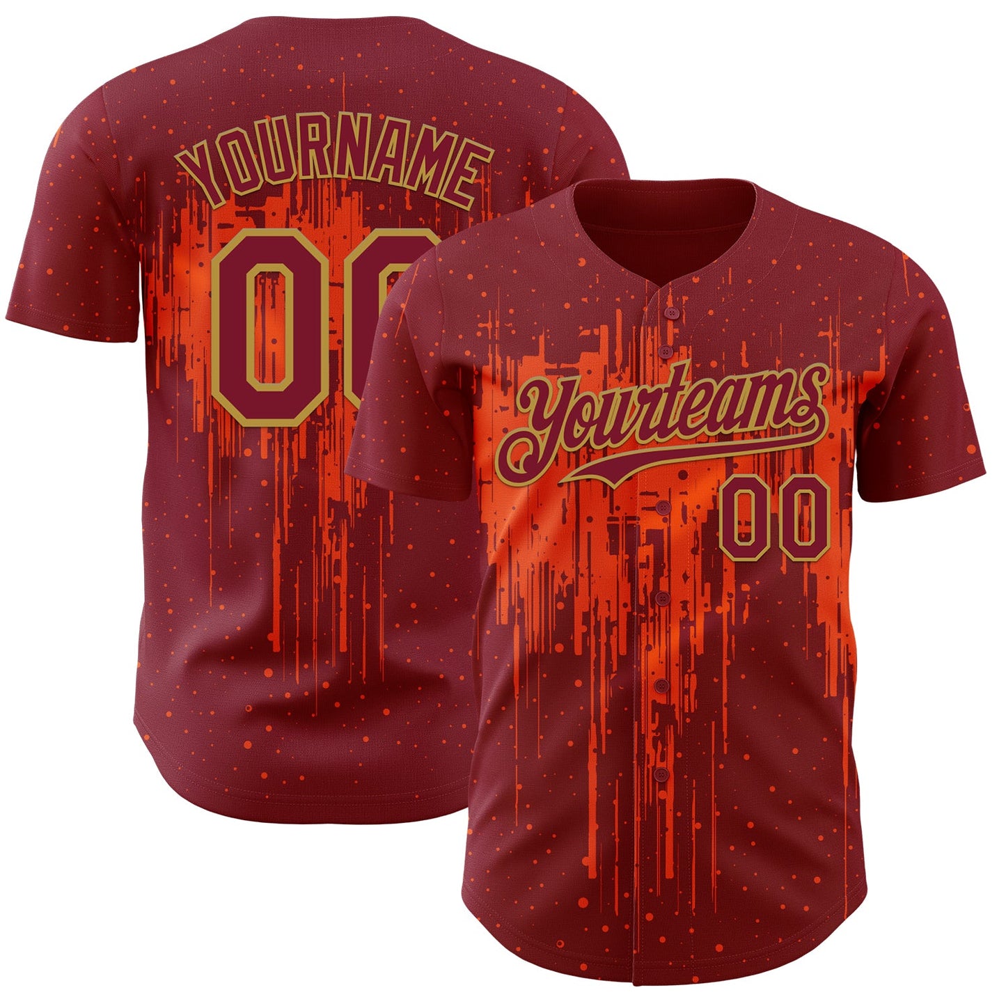 Custom Crimson Old Gold Orange Dripping Splatter Paint Authentic Baseball Jersey
