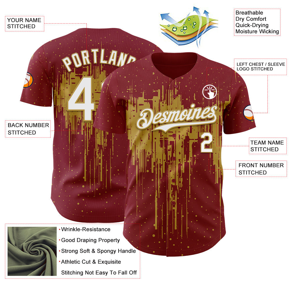 Custom Crimson White-Old Gold Dripping Splatter Paint Authentic Baseball Jersey