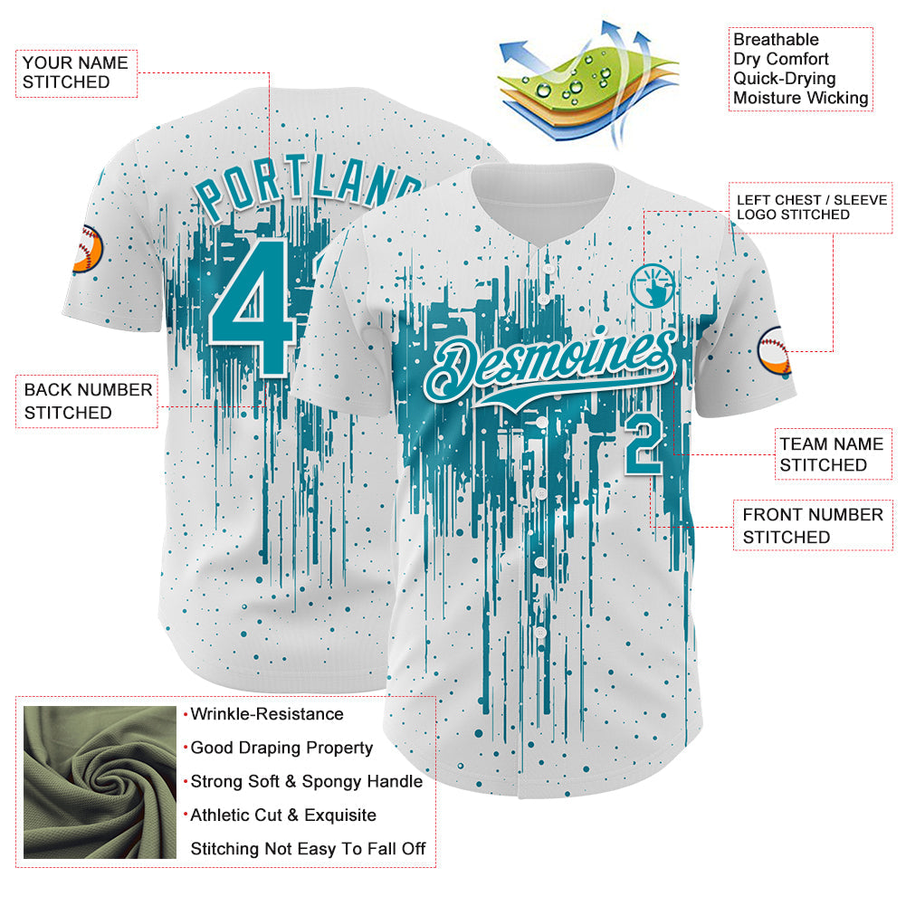 Custom White Teal-White Dripping Splatter Paint Authentic Baseball Jersey