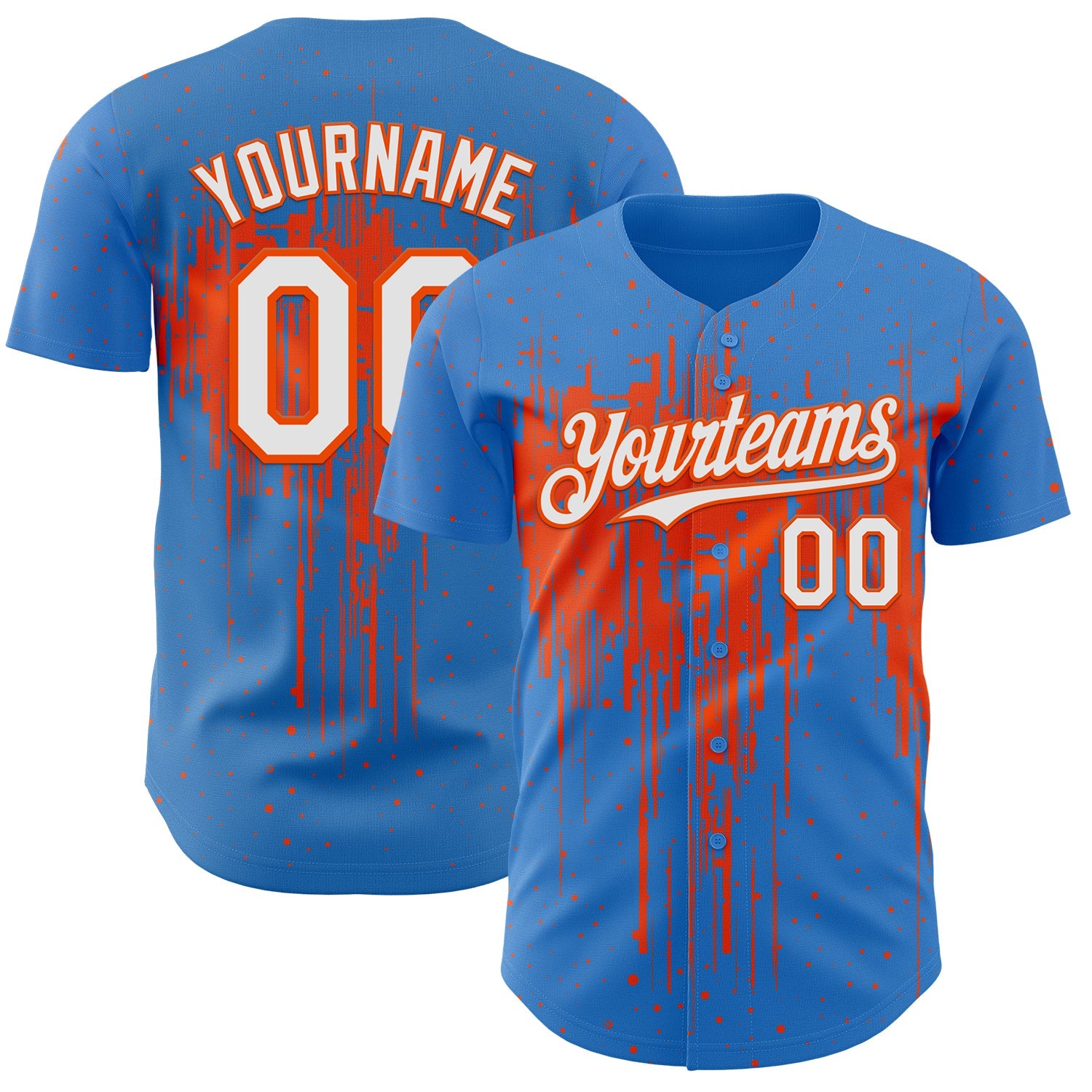 Custom Powder Blue White-Orange Dripping Splatter Paint Authentic Baseball Jersey