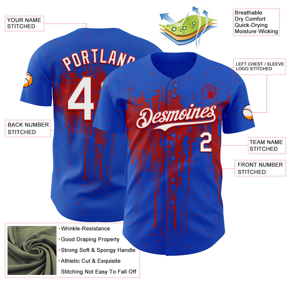 Custom Thunder Blue White-Red Dripping Splatter Paint Authentic Baseball Jersey