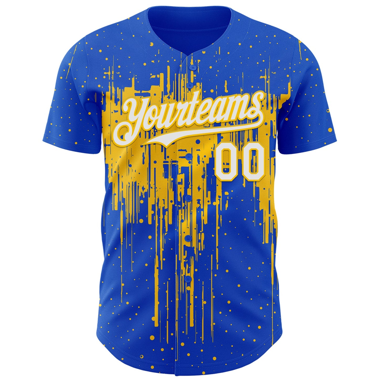 Custom Thunder Blue White-Yellow Dripping Splatter Paint Authentic Baseball Jersey
