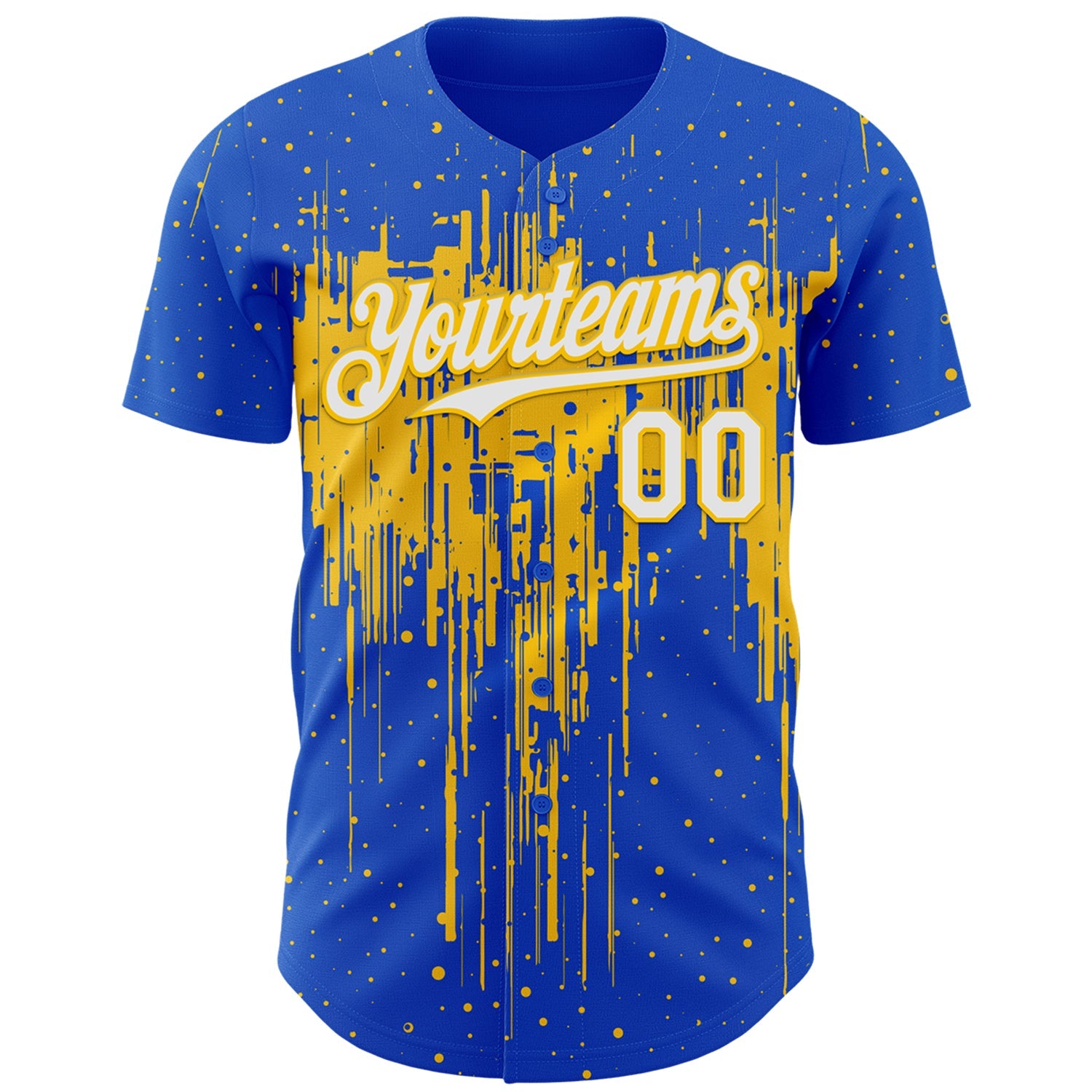 Custom Thunder Blue White-Yellow Dripping Splatter Paint Authentic Baseball Jersey