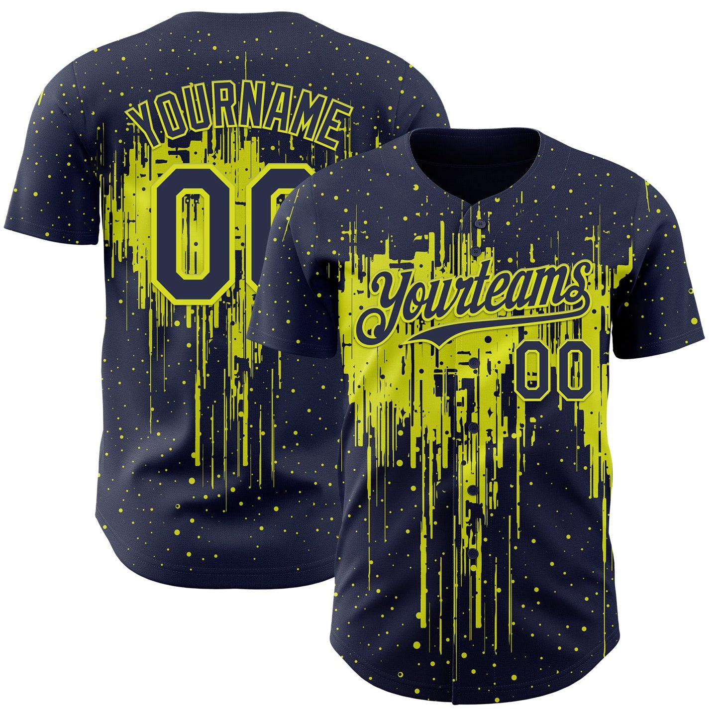 Custom Navy Neon Yellow Dripping Splatter Paint Authentic Baseball Jersey