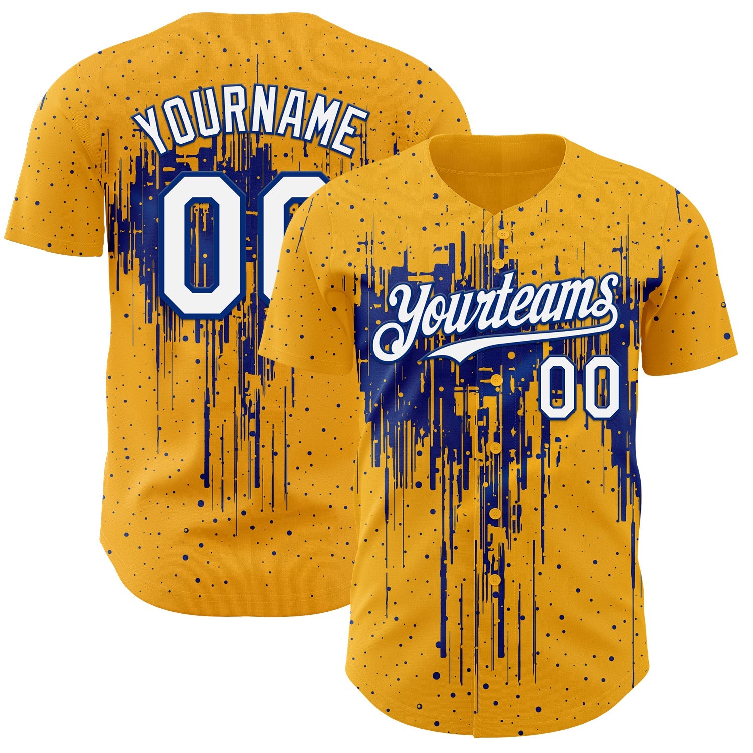Custom Gold White-Royal Dripping Splatter Paint Authentic Baseball Jersey