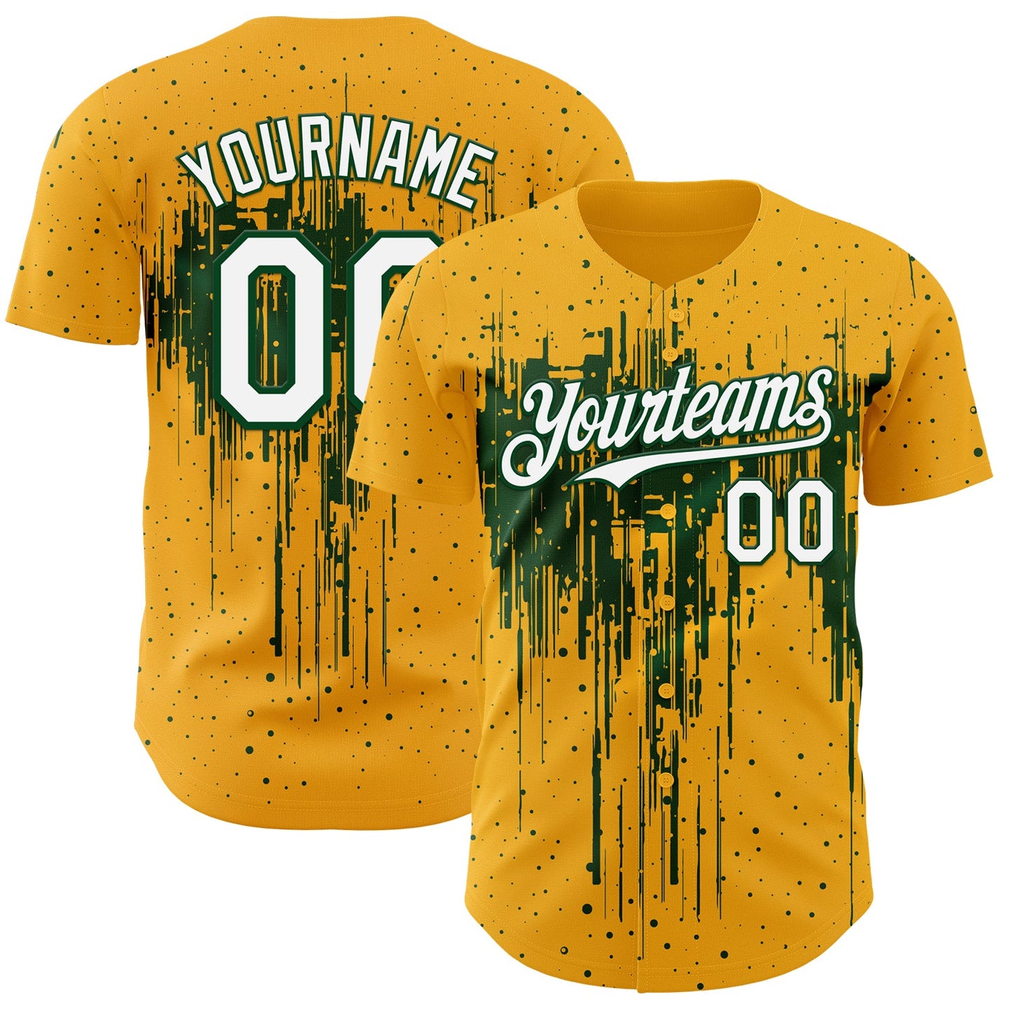 Custom Gold White-Green Dripping Splatter Paint Authentic Baseball Jersey
