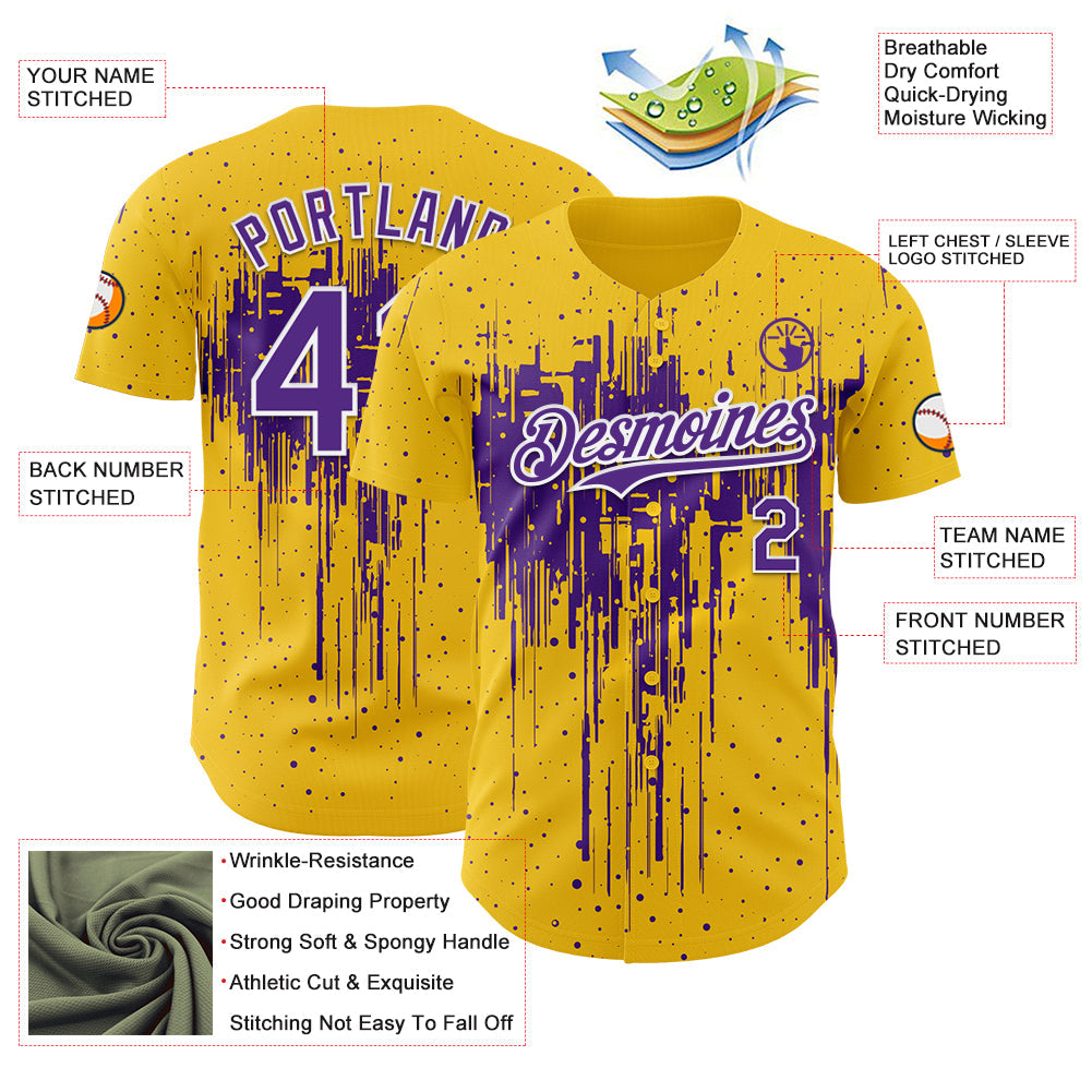 Custom Yellow Purple-White Dripping Splatter Paint Authentic Baseball Jersey