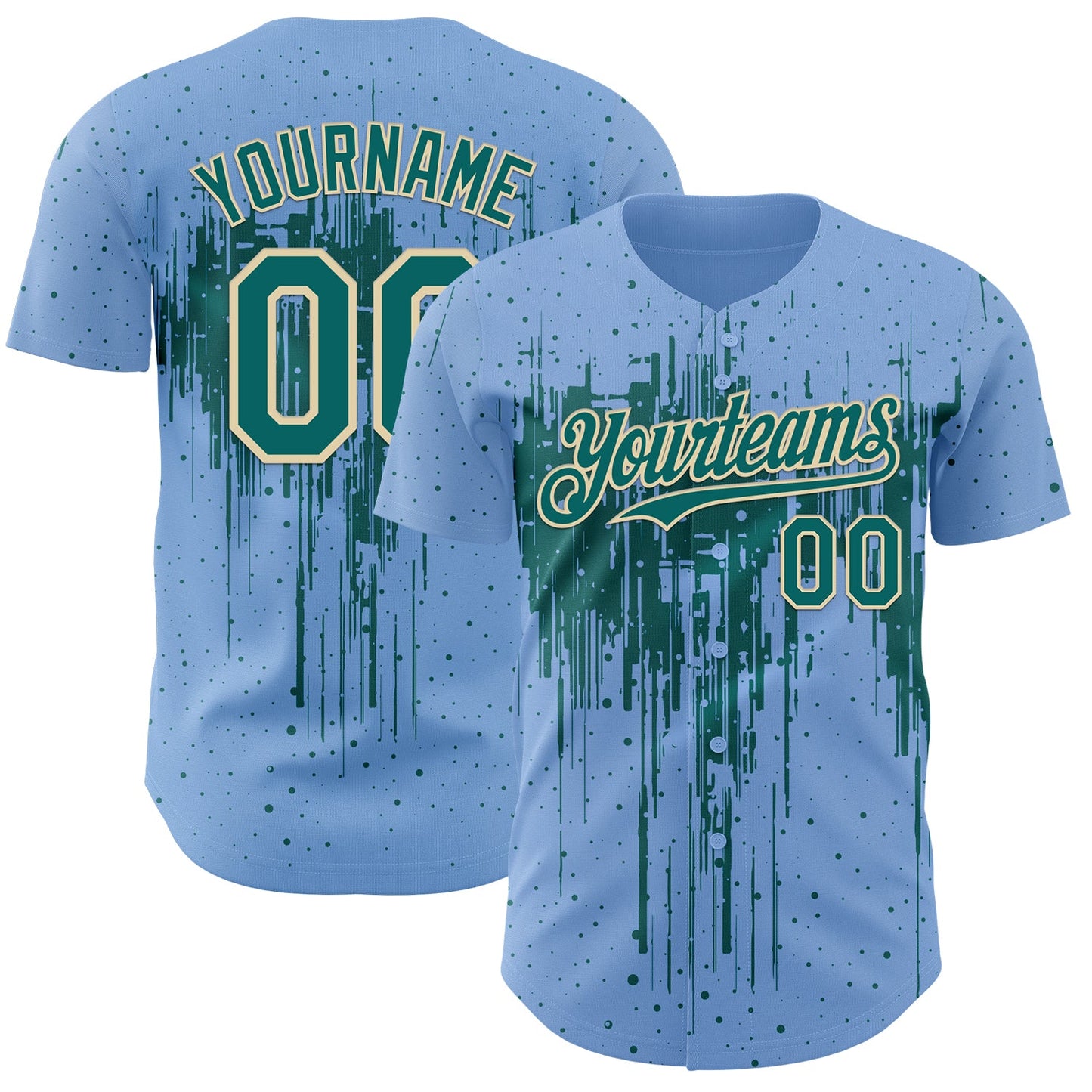 Custom Light Blue Teal-Cream Dripping Splatter Paint Authentic Baseball Jersey