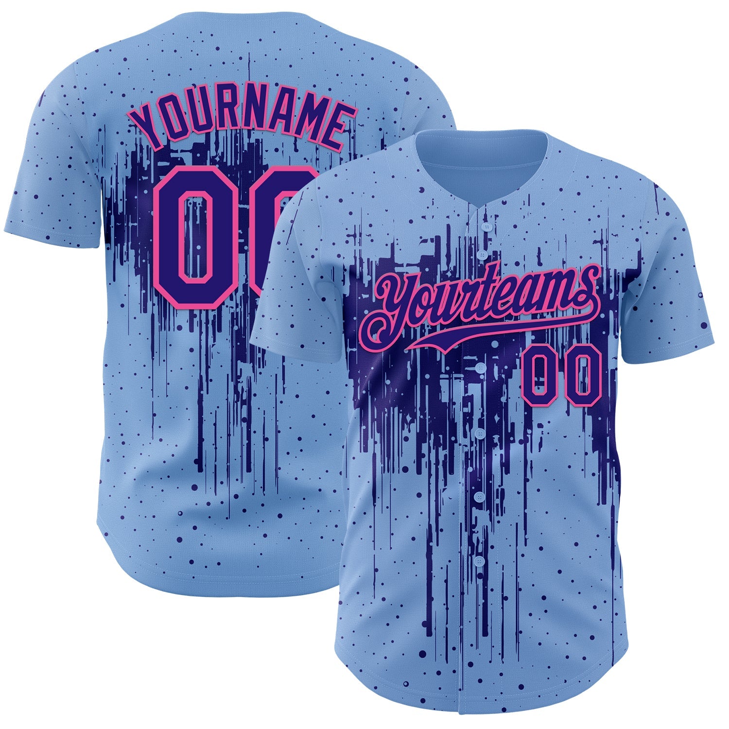 Custom Light Blue Dark Purple-Pink Dripping Splatter Paint Authentic Baseball Jersey