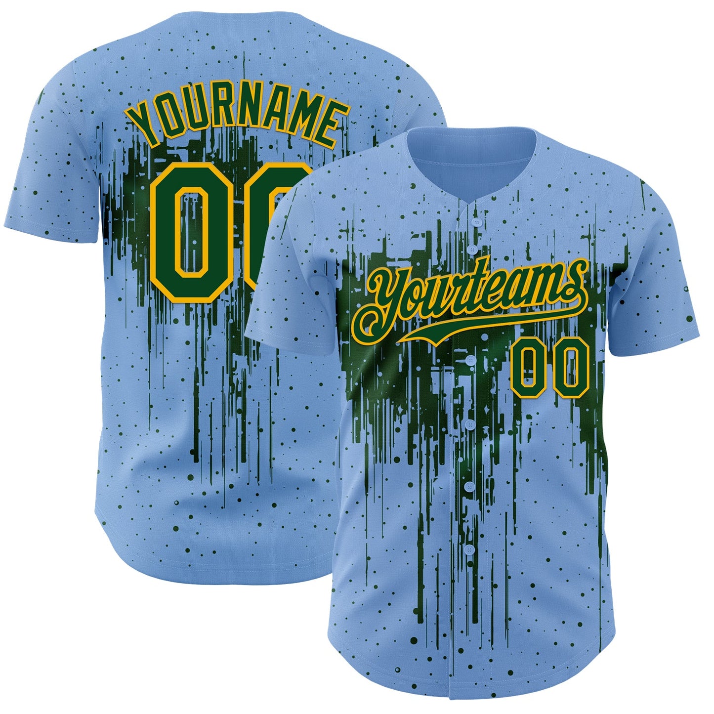 Custom Light Blue Green-Gold Dripping Splatter Paint Authentic Baseball Jersey