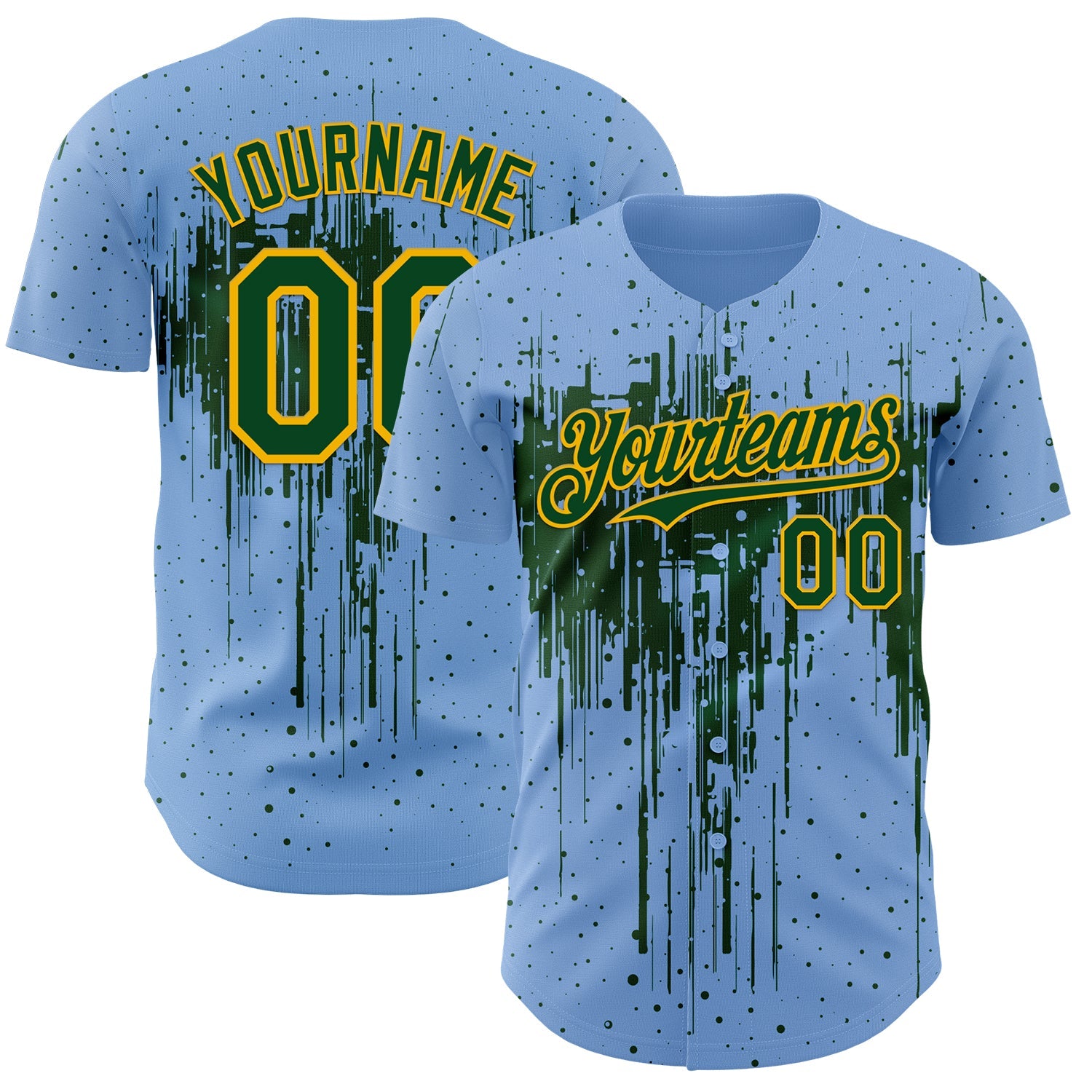 Custom Light Blue Green-Gold Dripping Splatter Paint Authentic Baseball Jersey